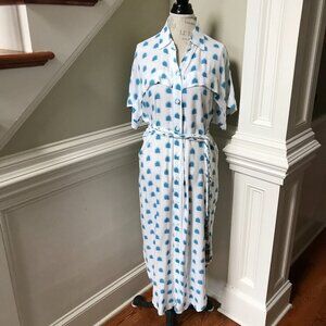 Skemo Jaipur Maxi Shirt Dress Womens Small White Blue Belt Short Sleeve Palm